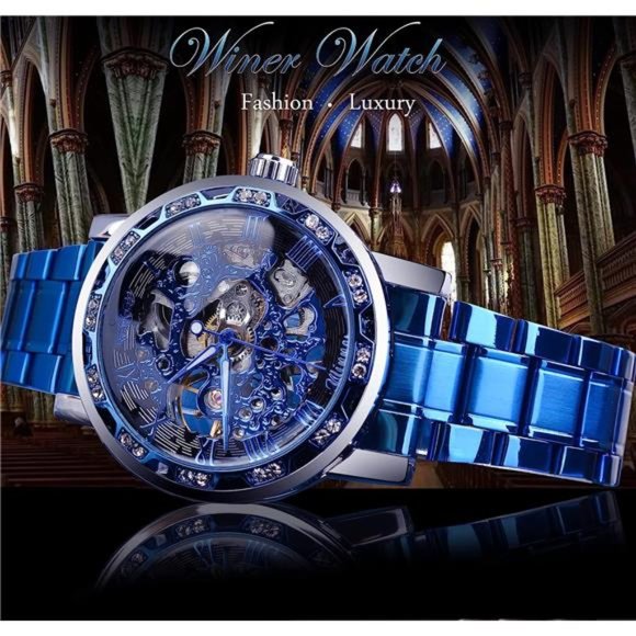 Retro Manual Mechanical Skeleton Watch with Diamond and Carving Flower, Blue - Picture 3 of 6